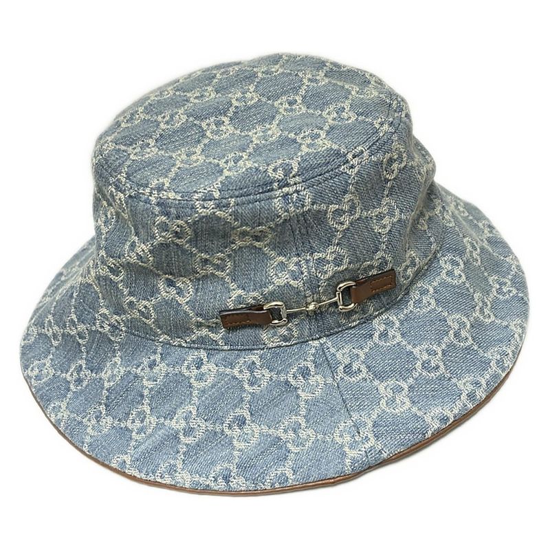 Gucci Hat 58 Beautiful Horsebit 836220 Light Blue And Light Brown GG Pattern /