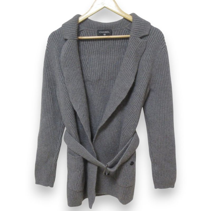 Good Chanel 100% Cashmere Coco Mark Button Back Logo Patch Belted Cardigan