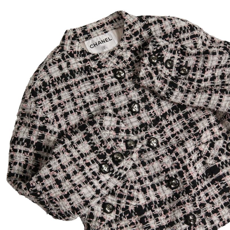 20P Chanel Coco Mark Button Mixed Tweed Jacket Bare Dress Setup P63285 34 Pink