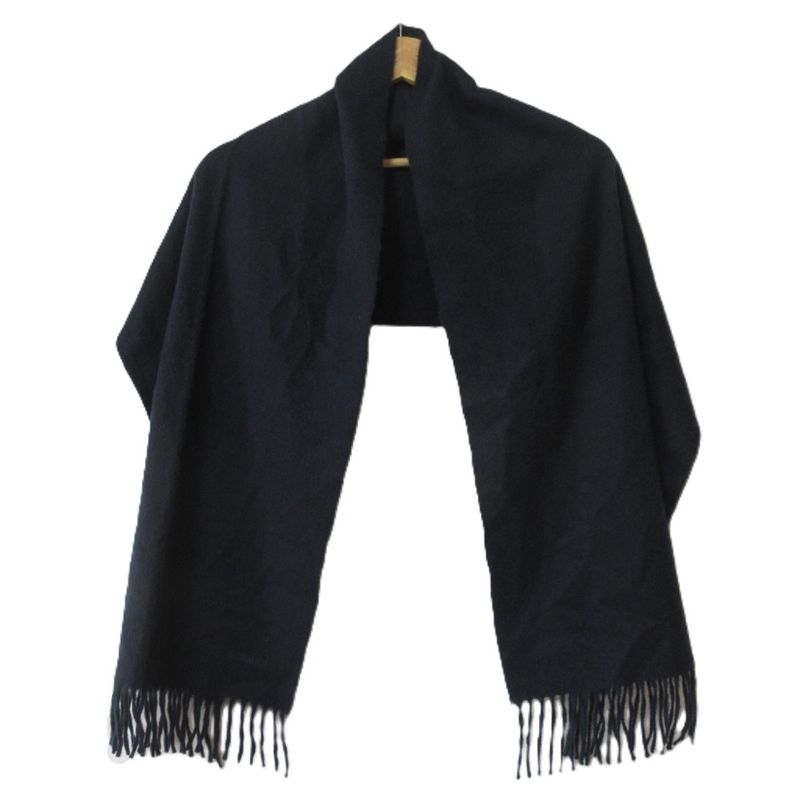 Hermes 100% Cashmere Logo Embroidery Fringe Scarf Navy Men's Women's Used