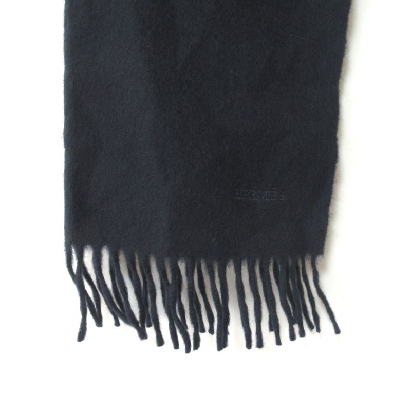 Hermes 100% Cashmere Logo Embroidery Fringe Scarf Navy Men's Women's Used