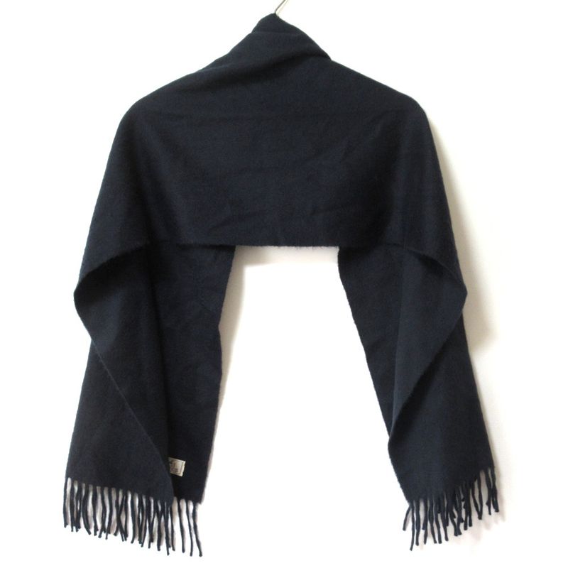 Hermes 100% Cashmere Logo Embroidery Fringe Scarf Navy Men's Women's Used