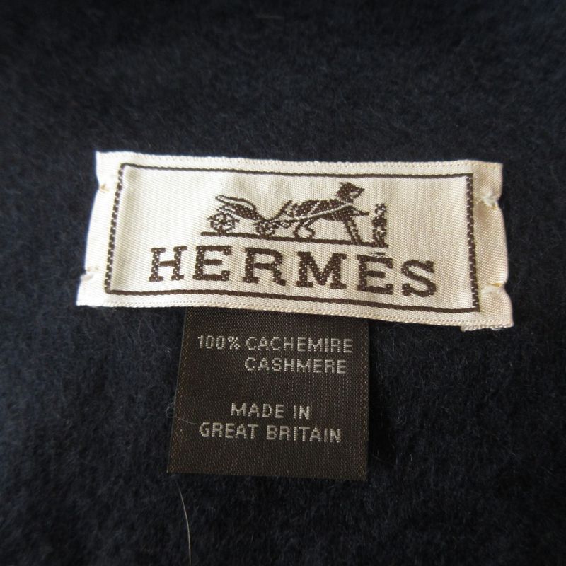 Hermes 100% Cashmere Logo Embroidery Fringe Scarf Navy Men's Women's Used