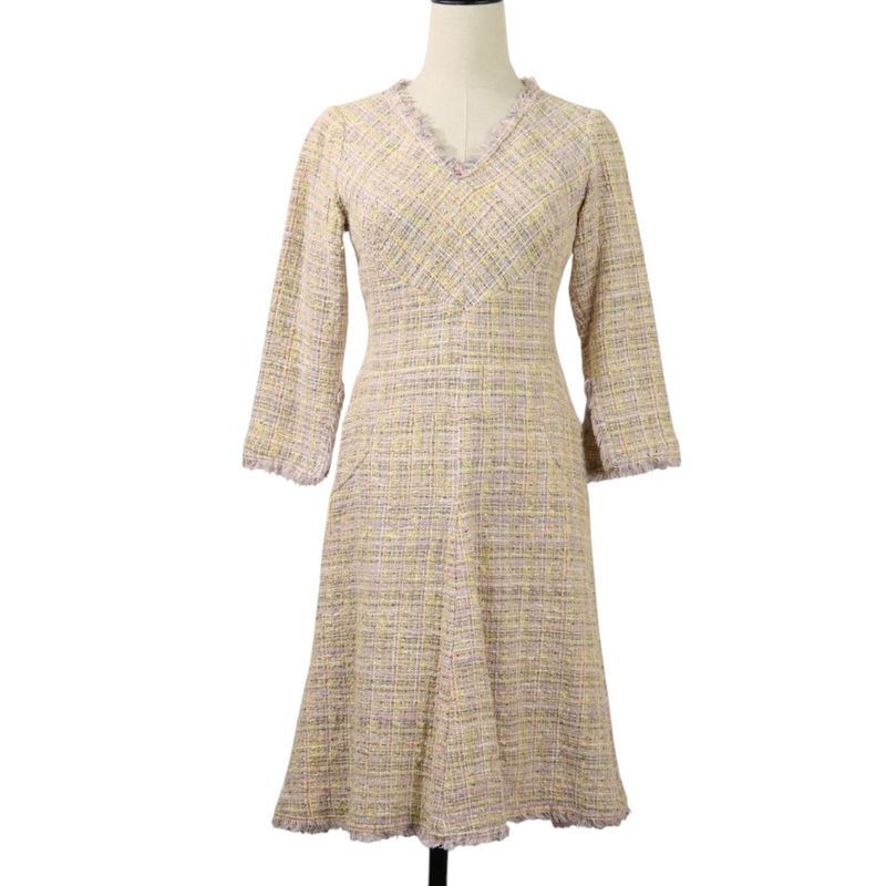 04P Chanel Coco Mark V Neck Tweed Dress P22994 Multicolor Women's Used