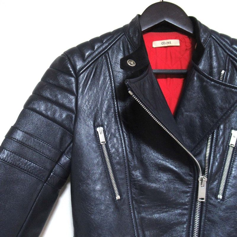 Good Celine Phoebe Period Lamb Leather Padded Biker Riders Jacket Size 36 Navy