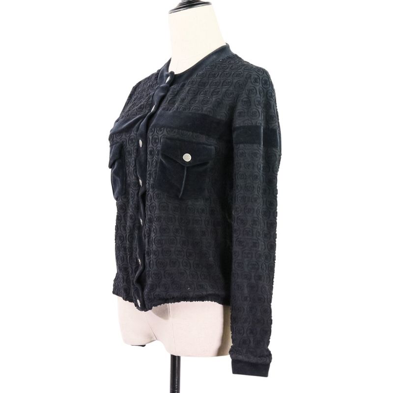 Good Chanel Coco Mark Pile Velour Cardigan Blouson P41364 Size 36 Black Silver