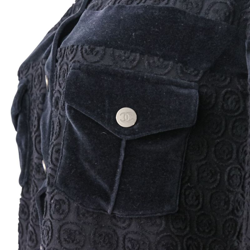 Good Chanel Coco Mark Pile Velour Cardigan Blouson P41364 Size 36 Black Silver