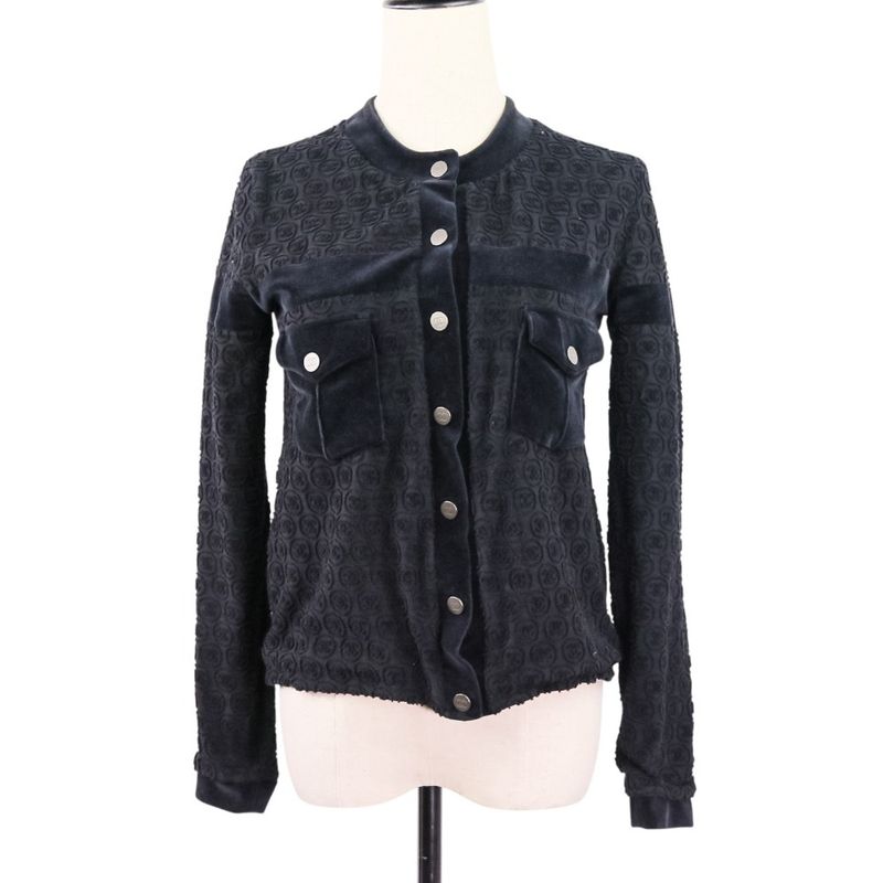 Good Chanel Coco Mark Pile Velour Cardigan Blouson P41364 Size 36 Black Silver