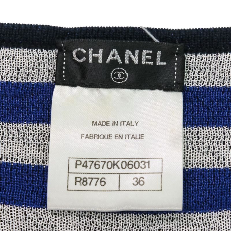 Good Chanel Camellia Striped Long Sleeve Dress P47670k06031 Size 36 Navy Ladies