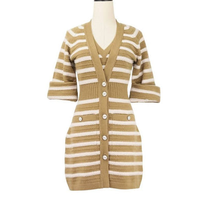 Chanel Cashmere Striped Long Knit Cardigan Tank Top Ensemble P51680/p51639 Size