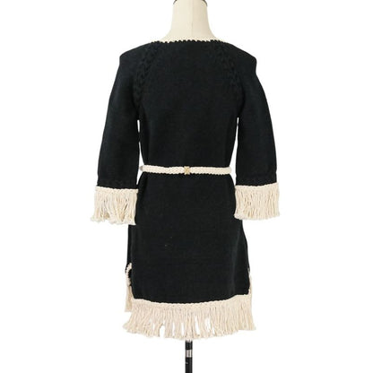 18c Chanel Fringe Tweed Dress P58133 Size 34 Black Ladies Used