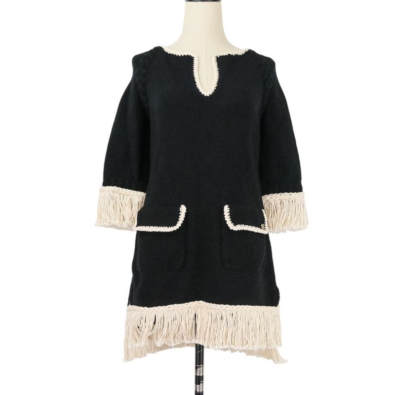 18c Chanel Fringe Tweed Dress P58133 Size 34 Black Ladies Used