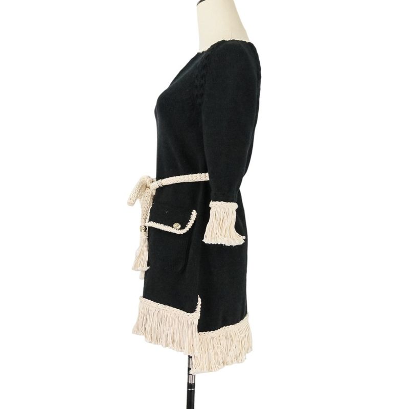 18c Chanel Fringe Tweed Dress P58133 Size 34 Black Ladies Used