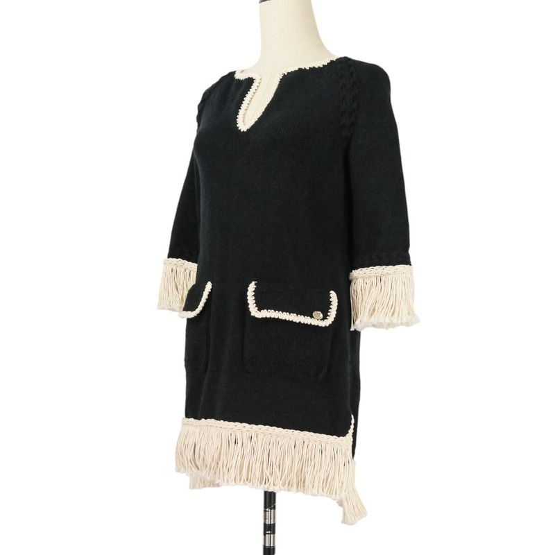 18c Chanel Fringe Tweed Dress P58133 Size 34 Black Ladies Used