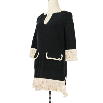18c Chanel Fringe Tweed Dress P58133 Size 34 Black Ladies Used