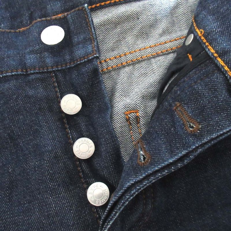 Hermes Leather Patches Serie Button Denim Pants Jeans Size 40 Indigo Blue Mens