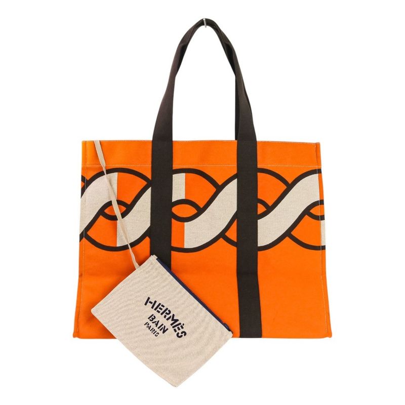 Hermes Sebas de Plage Tote Bag Beach Bag Torsade Marine Orange Brown Women's