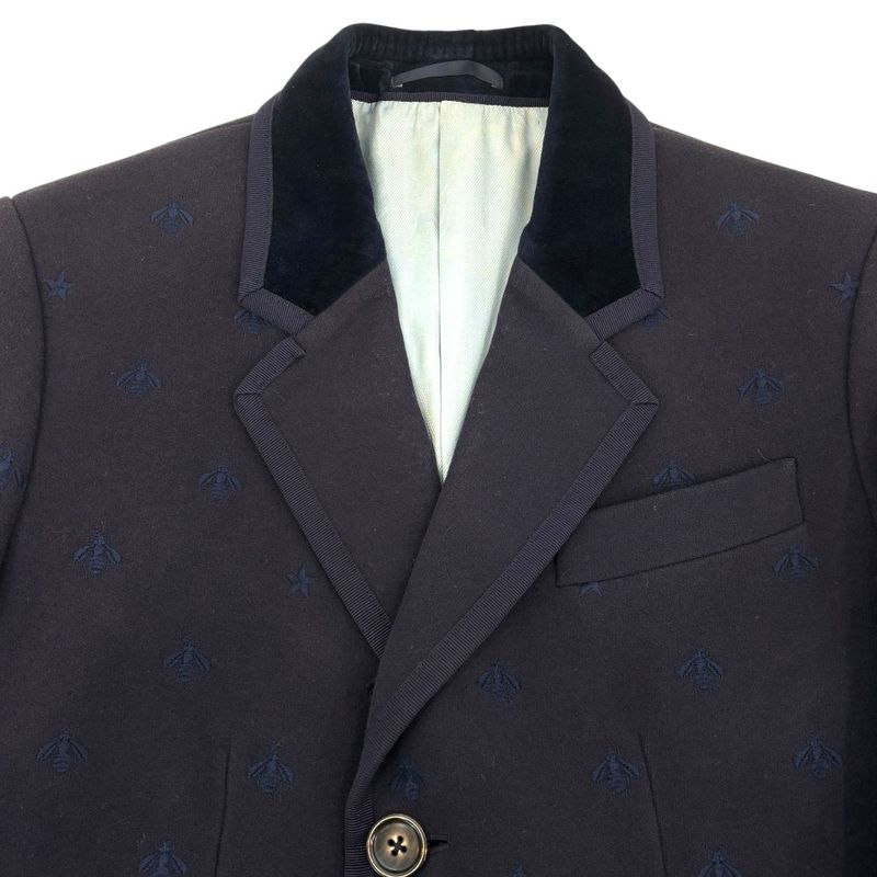 Good Gucci Bee Embroidered Wool Overcoat Chester Coat 522526 Size 44r Navy