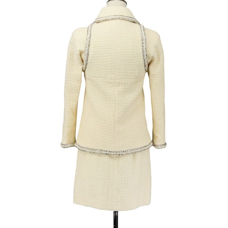 Chanel Faux Pearl Coco Mark Button Tweed Jacket Skirt Setup Size 34 Ivory