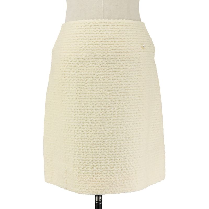 Chanel Faux Pearl Coco Mark Button Tweed Jacket Skirt Setup Size 34 Ivory
