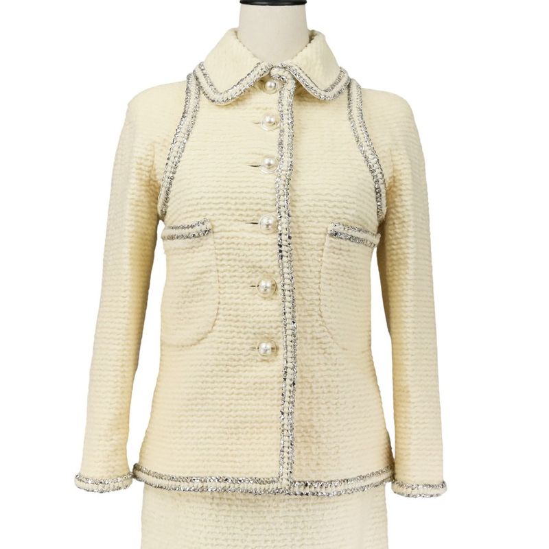 Chanel Faux Pearl Coco Mark Button Tweed Jacket Skirt Setup Size 34 Ivory