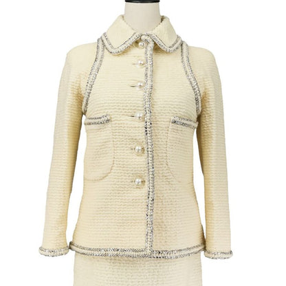 Chanel Faux Pearl Coco Mark Button Tweed Jacket Skirt Setup Size 34 Ivory