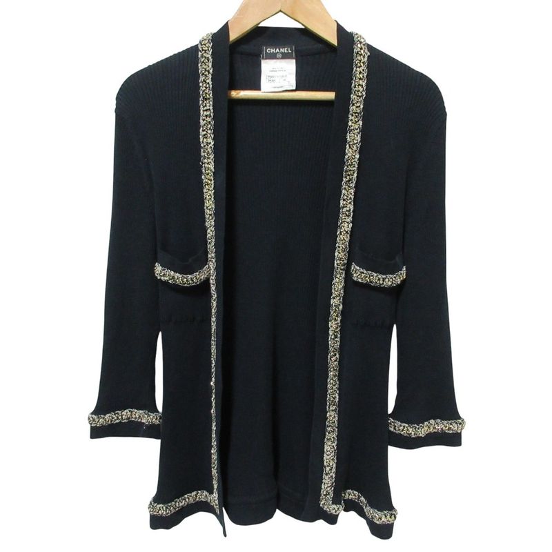 Good Chanel Chain Trim Front Open Rib Knit Cardigan P38537 Size 38 Navy Ladies