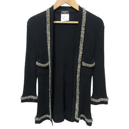 Good Chanel Chain Trim Front Open Rib Knit Cardigan P38537 Size 38 Navy Ladies