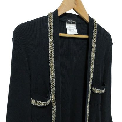Good Chanel Chain Trim Front Open Rib Knit Cardigan P38537 Size 38 Navy Ladies