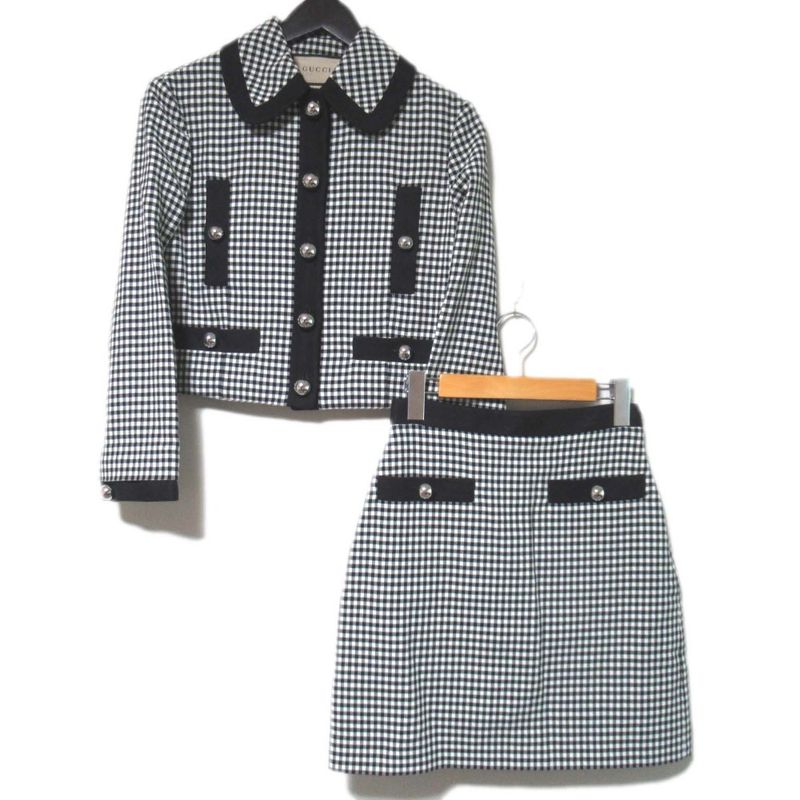 23ss Gucci Gingham Checkered Jacket + Mini Skirt Set-Up Size 36 Black and White