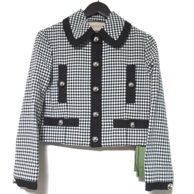 23ss Gucci Gingham Checkered Jacket + Mini Skirt Set-Up Size 36 Black and White