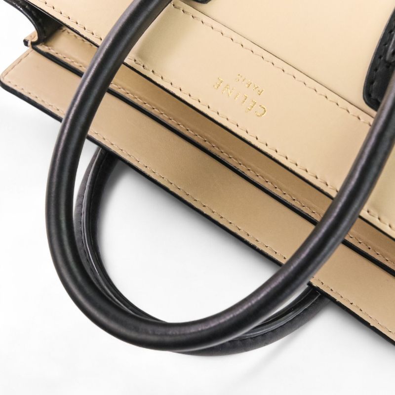 Good Celine Luggage Nano Shopper 2way Tote Bag Shoulder Bag Bicolor Beige Black