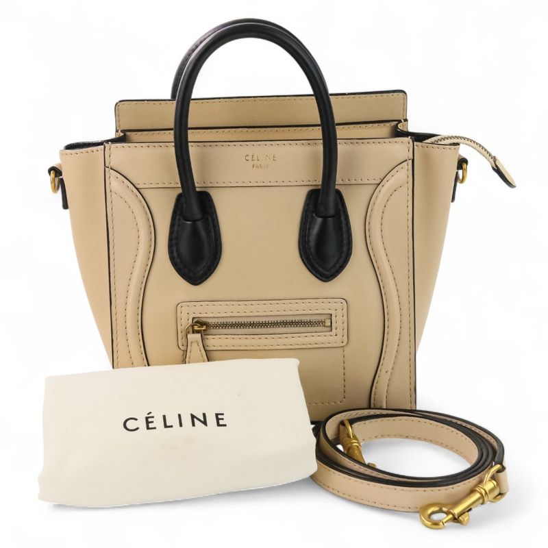 Good Celine Luggage Nano Shopper 2way Tote Bag Shoulder Bag Bicolor Beige Black