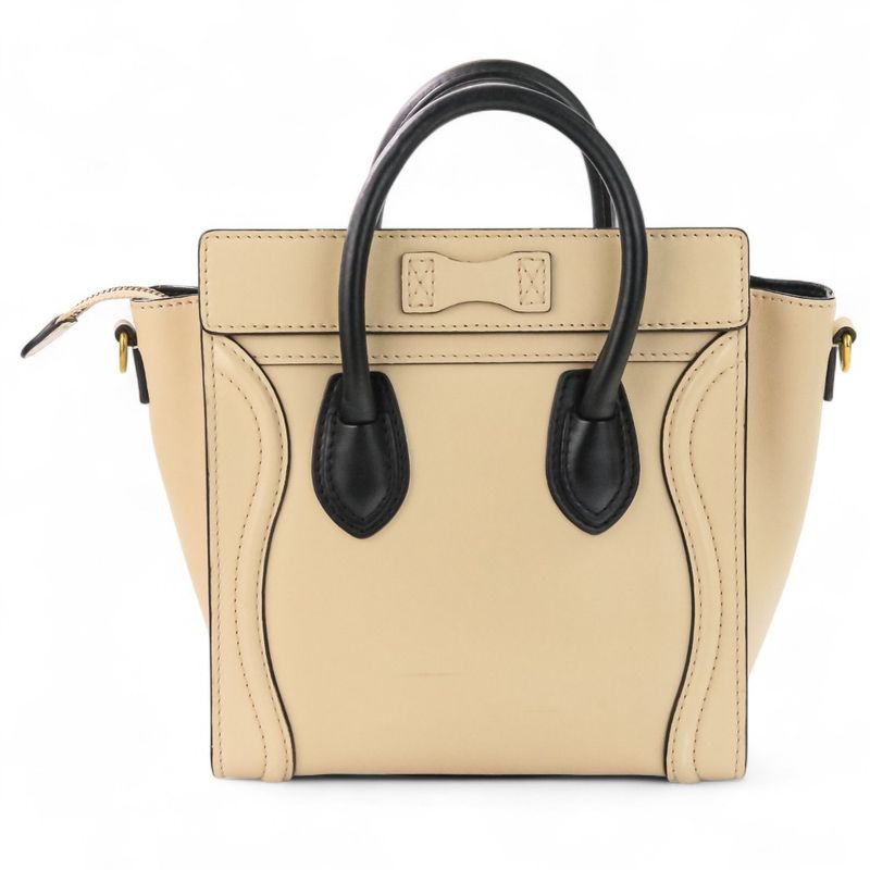 Good Celine Luggage Nano Shopper 2way Tote Bag Shoulder Bag Bicolor Beige Black