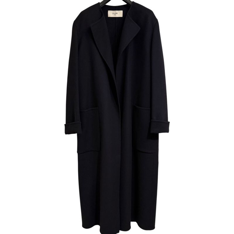 Celine 100% Pure Cashmere Open Front Belted Coat 2m6816700 Size 34 Navy Women