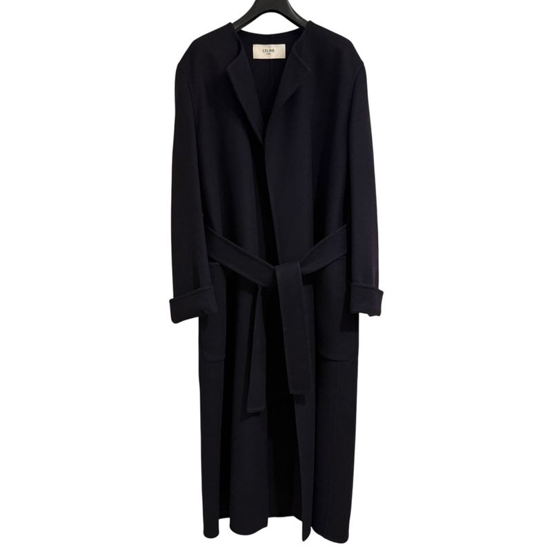 Celine 100% Pure Cashmere Open Front Belted Coat 2m6816700 Size 34 Navy Women