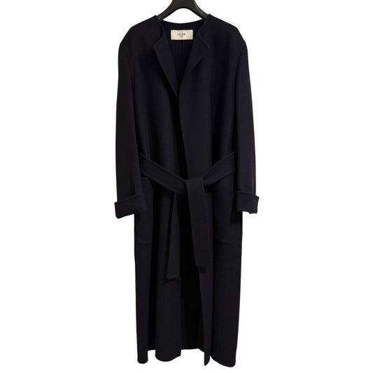 Celine 100% Pure Cashmere Open Front Belted Coat 2m6816700 Size 34 Navy Women