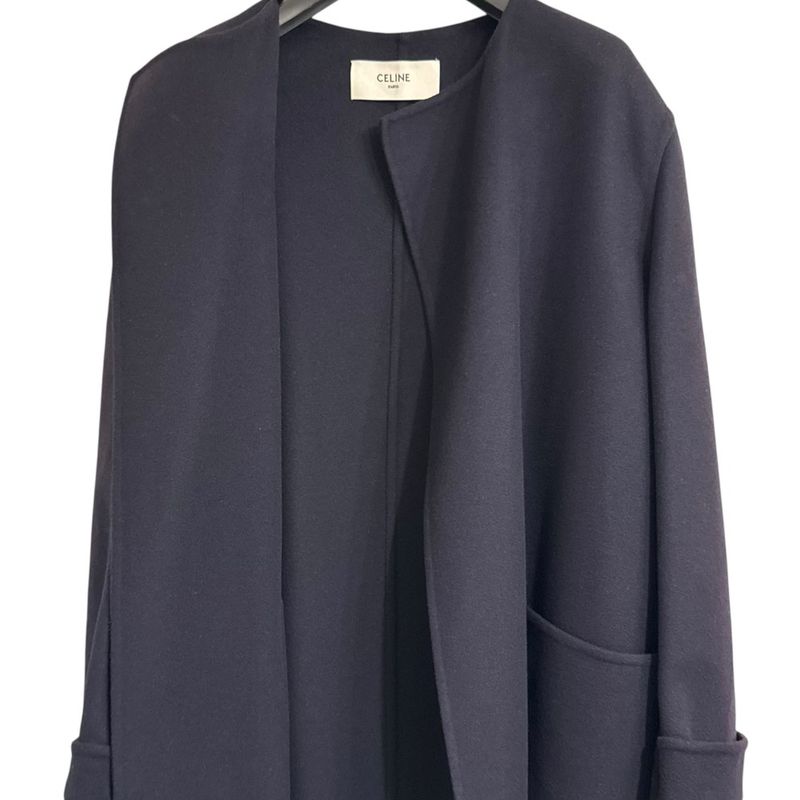 Celine 100% Pure Cashmere Open Front Belted Coat 2m6816700 Size 34 Navy Women