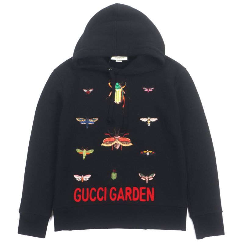 ▼gucci 475374 100% Cotton USED Insect Embroidery Pullover Hoodie Black S Made