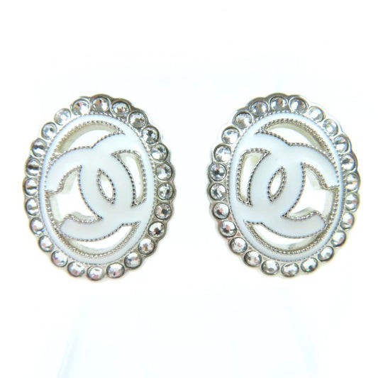 ◇chanel A25C Coco Mark Rhinestone Decorated Binaural Earrings Accessory White