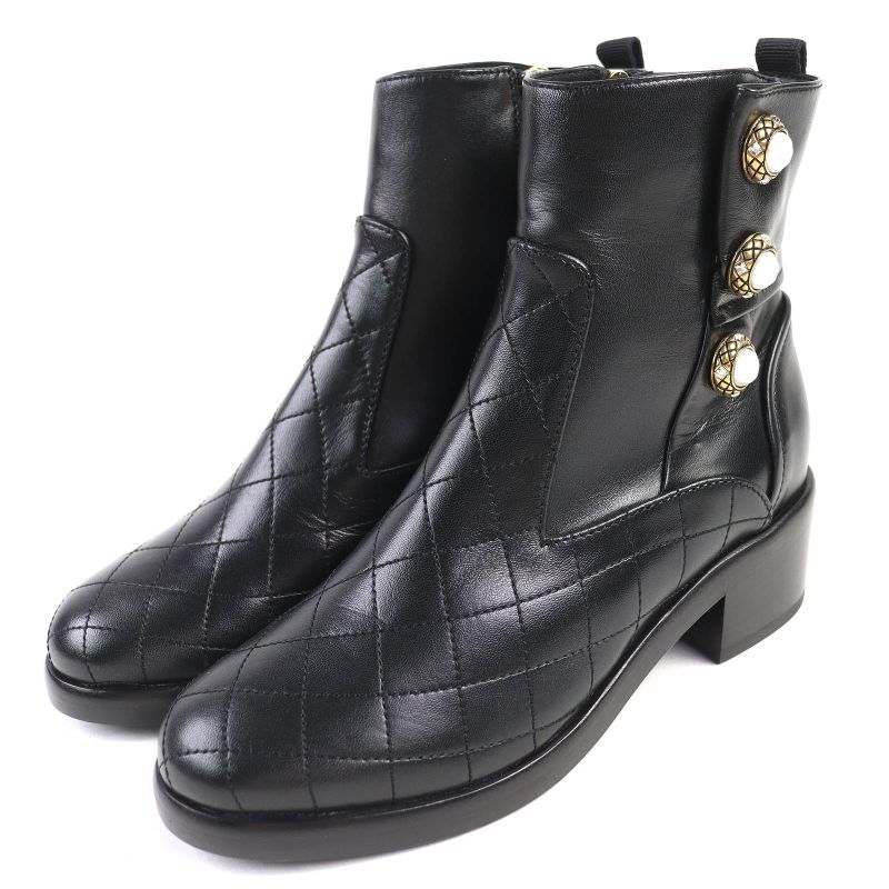 Chanel G32970 Coco Mark Pearl Matelasse Side Zip Leather Short Boots Black 35.5