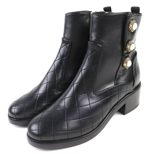 Chanel G32970 Coco Mark Pearl Matelasse Side Zip Leather Short Boots Black 35.5