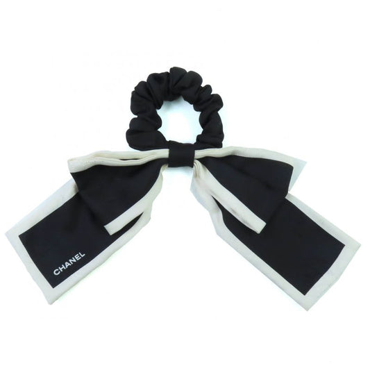 ◇chanel 23V 100% Silk Camellia Ribbon Design Chouche Hair Accessory Black White