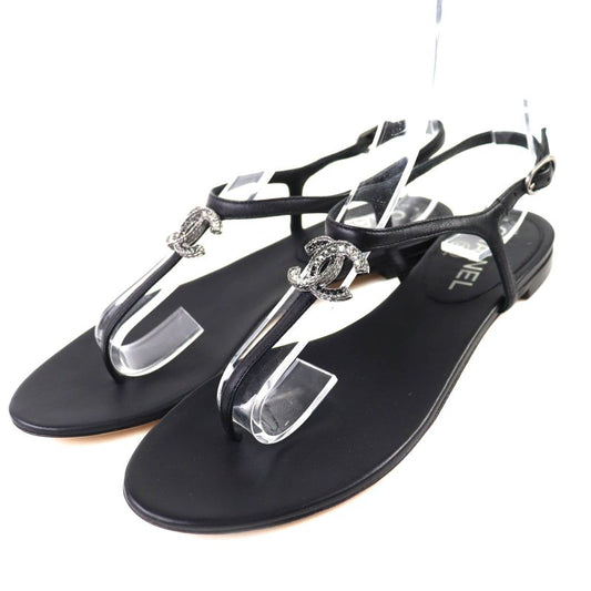 ◇chanel Coco Mark Back Strap Leather Flat Sandals With Rhinestones Black 38