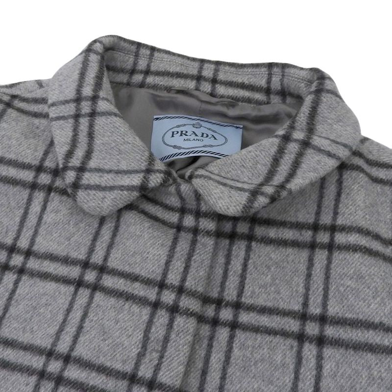 Prada 100% Wool Checkered Oversized Stainless Steel Collar Coat 42 Grey Ladies