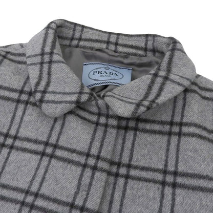 Prada 100% Wool Checkered Oversized Stainless Steel Collar Coat 42 Grey Ladies