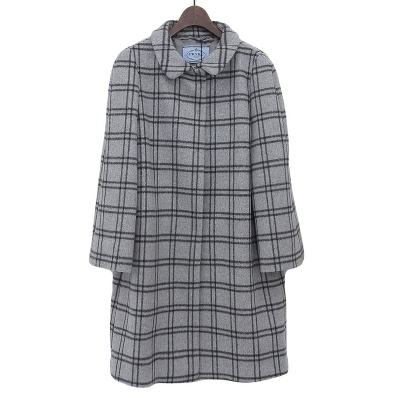 Prada 100% Wool Checkered Oversized Stainless Steel Collar Coat 42 Grey Ladies