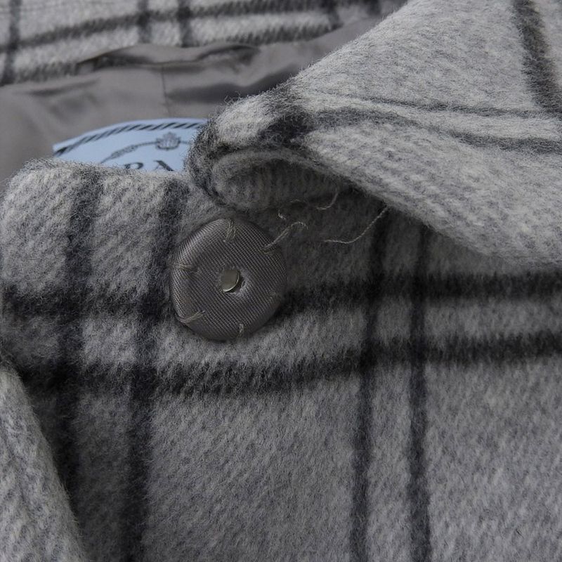 Prada 100% Wool Checkered Oversized Stainless Steel Collar Coat 42 Grey Ladies