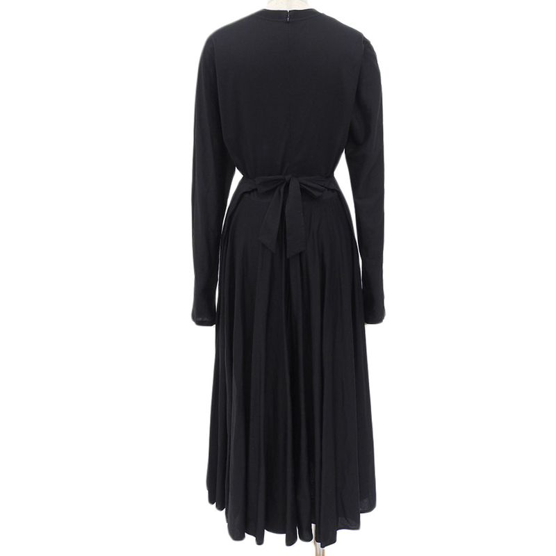 Prada Front Circle Logo Cotton Long Sleeve Flared Long Dress S Black Women's