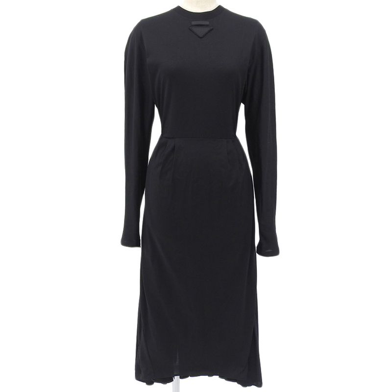 Prada Front Circle Logo Cotton Long Sleeve Flared Long Dress S Black Women's